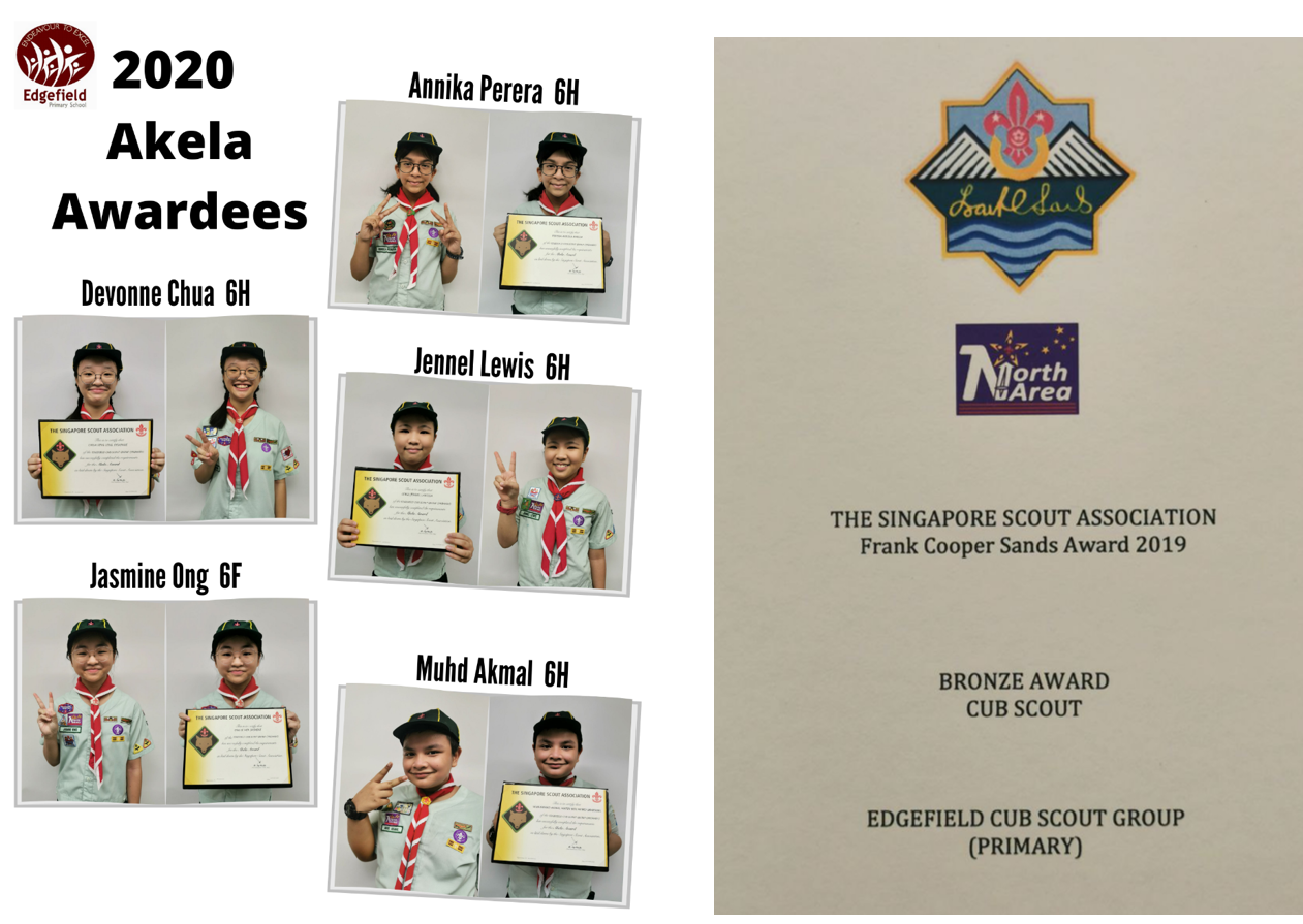 Five Edgefield Primary School 2020 Akela Awardees in scout uniforms holding certificates, beside a Bronze Cub Scout award.